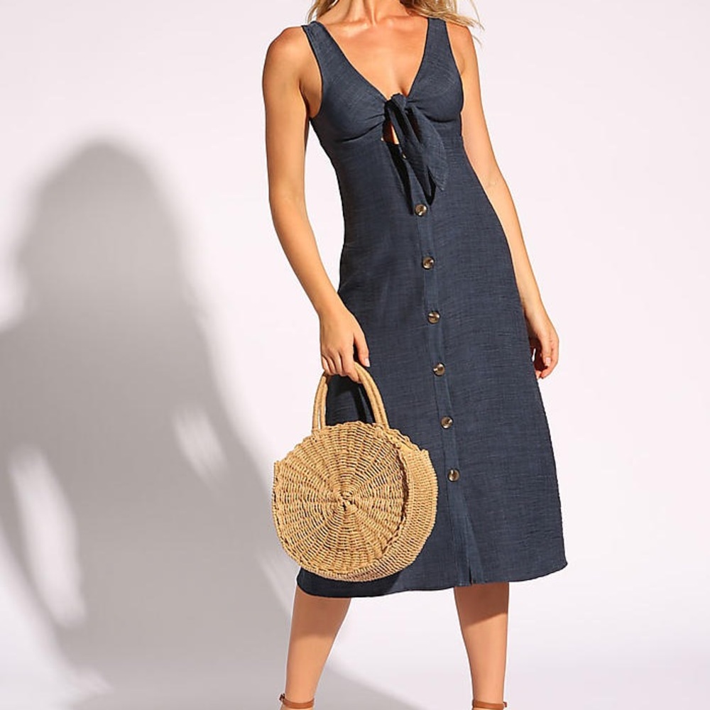 Navy Tie Front Button Down Midi Dress